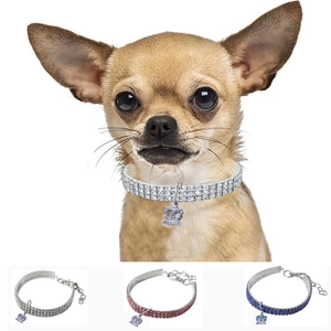 Three-row rhinestone pet collar with crown pendant in silver, pink and royal blue