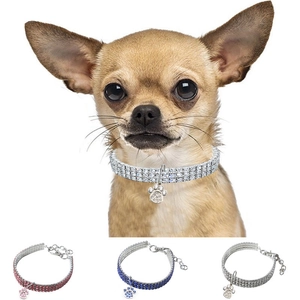 Sparkling pet rhinestone collar with heart paw pendant in pink, blue, and silver colors