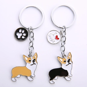 Cute metal Corgi keychain set in black and white colors with I Heart Dogs charms