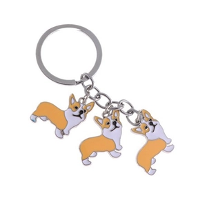 Creative metal Corgi dog keychain with three colorful enamel puppy pendants for bags