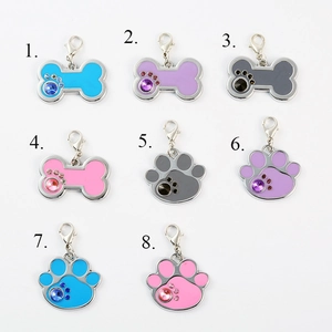 Bone Shaped Pet ID Tag Alloy Enamel Rhinestone Paw Print Dog Identification Pendant With Lobster Clasp For Dogs Cats