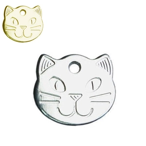 Detailed close-up of cat-shaped zinc alloy pet tags in polished gold and silver finishes