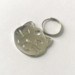 Zinc alloy cat shaped pet tag pendant with engraved details and a metal split ring