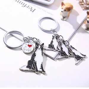 Porte-clés Border Collie en métal avec pendentif I Love Dogs et anneau d'argent