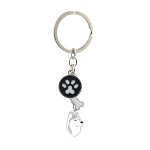 Portachiavi husky con ciondoli a forma di osso e zampa in metallo argento e occhi azzurri
