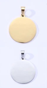 Polished round stainless steel pet ID tags in gold and silver finish with drop ring
