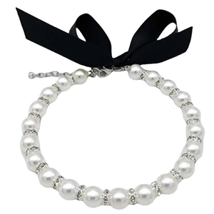 Haustier Künstliche Perlenhalskette Mit Schwarzer Satinschleife Strass-Abstandhalter Verstellbarer Choker Für Katzen Hunde Hochzeit Schmuck
