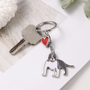 Zinc alloy bulldog keychain with red enamel heart pendant on a stylish silver keyring