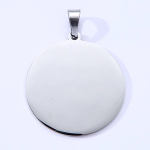 Polished circular stainless steel pet ID tag with rectangular bail on white background