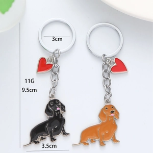 Dachshund dog metal enamel keychain with heart charm in black and brown finishes