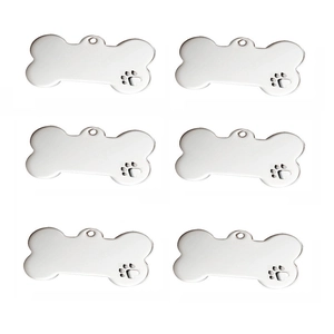 Set of 6 polished stainless steel bone-shaped pet ID tags with paw print engraving