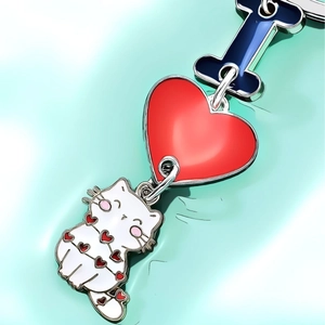 Cute cartoon white cat keychain with blue letter I and red heart zinc alloy pendant
