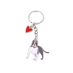 Bully dog metal keychain with black and white enamel pattern and red heart pendant