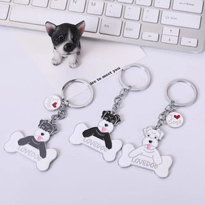 Porte-clés en Métal Chien Schnauzer Pendentif Os Love Double Face Alliage de Zinc Émail Porte-clés pour Sac Voiture Cadeau