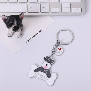 Porte-clés Schnauzer en émail avec pendentif os blanc lovedog et breloque coeur