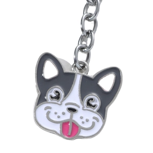 Cute cartoon French Bulldog keychain with black and white enamel finish on silver metal chain
