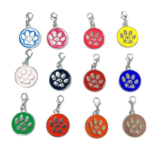 Round Alloy Paw Print Pet ID Tag Colorful Enamel Animal Pattern Dog Name Tag Pendant With Lobster Clasp For Dogs Cats