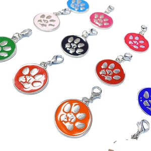 Zinc alloy round pet ID tags with paw prints and lobster clasps in various colors