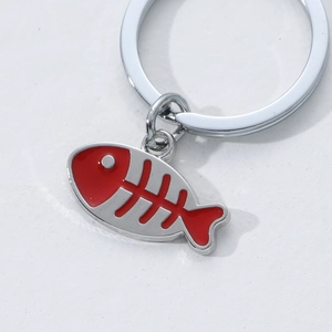 Zinc alloy fish bone keychain with red enamel finish and polished silver metal ring