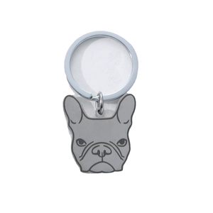 Artistic French Bulldog metal keychain accessory with silver ring in polished dark grey finish