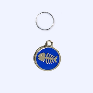 Round zinc alloy pet ID tag with silver fishbone pattern on dark blue enamel finish