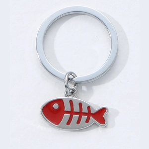 Modern zinc alloy fishbone keychain with red enamel inlay and silver metal ring