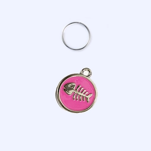 Pink zinc alloy round pet ID tag with silver fishbone pattern and a hanging ring