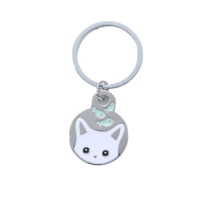 Portachiavi gatto cartone animato in metallo con smalto bianco e verde menta e design pesce