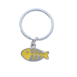 Modern silver zinc alloy fishbone keychain with yellow enamel finish for bags