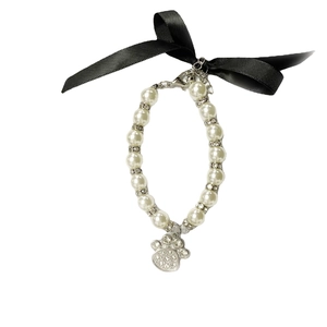 Pet Artificial Pearl Necklace With Sparkling Rhinestone Paw Pendant And Black Satin Bow Adjustable Decorative Jewelry For Cats And Dogs