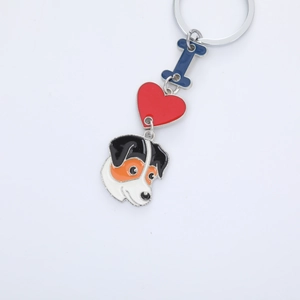 Detail of Jack Russell Terrier keychain with heart charm and blue letter I pendant