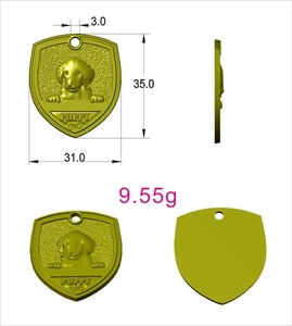 Detailed technical diagram of golden shield-shaped puppy tag with precise dimensions