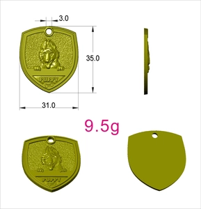 Front and side CAD views of antique shield dog tag with dimensions 35x31mm and puppy logo