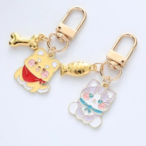 Cute Cartoon Animal Metal Keychain Cat Eating Fish Shiba Inu With Bone Pendant Alloy Enamel Key Ring Bag Charm Jewelry Gift