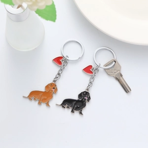 Zinc Alloy Cartoon Dog Keychain With Red Heart Pendant Cute Dachshund Corgi Key Ring Bag Accessory For Women Kids Gift