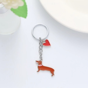 Creative dachshund dog keychain with red heart charm and silver metal ring for gifts