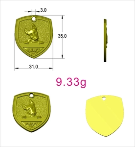 Detailed 3D render of shield-shaped antique bronze pet tag with bulldog relief and dimensions