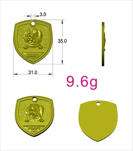 Three-sided technical view of shield-shaped bronze dog tag with puppy relief and dimensions