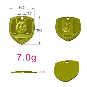 Detail view of shield-shaped golden dog tag featuring a corgi relief and size dimensions