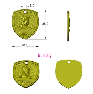 Detailed technical CAD views of bronze shield-shaped dog tag with puppy engraving