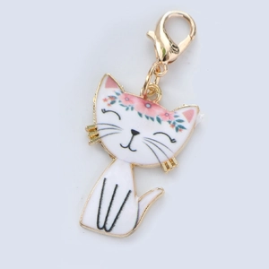 Cute white enamel cat keychain with pink floral crown and golden lobster clasp