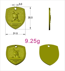 Macro detail of gold shield pet tag with embossed puppy design and dimensions