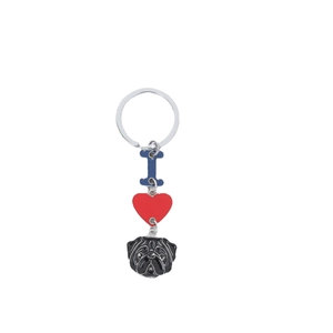 Cute cartoon Pug dog keychain with red heart and blue letter I charms on silver ring