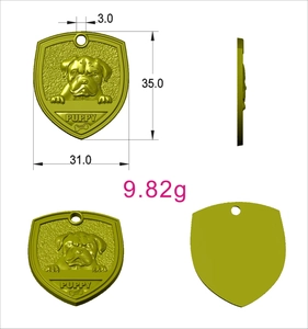 Detailed technical drawing of a bronze shield-shaped pet ID tag with bulldog relief