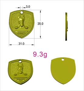 Technical four-view diagram showing dimensions and Doberman relief on bronze pet tag