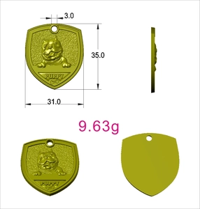 Macro view of shield-shaped antique bronze pet ID tag with puppy relief and size specs