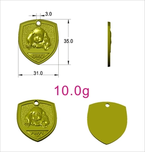 Detailed views of bronze shield pet tag with puppy embossing and 35mm size specs