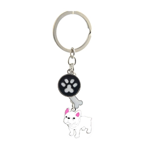 Detail of metal pet keychain featuring a white French bulldog, paw print, and bone charms
