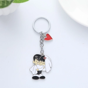 Cartoon Metal Couple Keychain With Red Heart Pendant Romantic Wedding Groom Bride Key Ring Anniversary Party Favor Gift