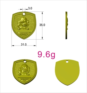 Detailed size specifications of the antique bronze shield-shaped pet ID tag with dimensions